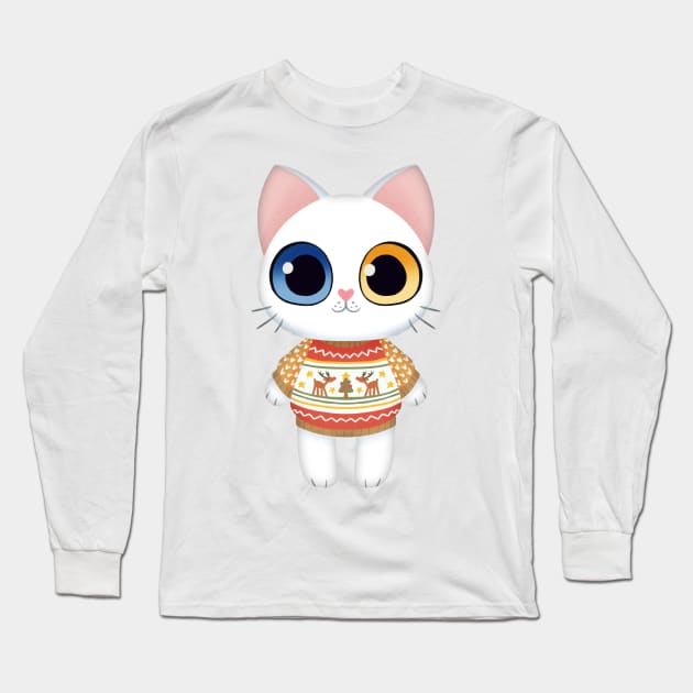 Holiday White Kitten Long Sleeve T-Shirt by Twkirky